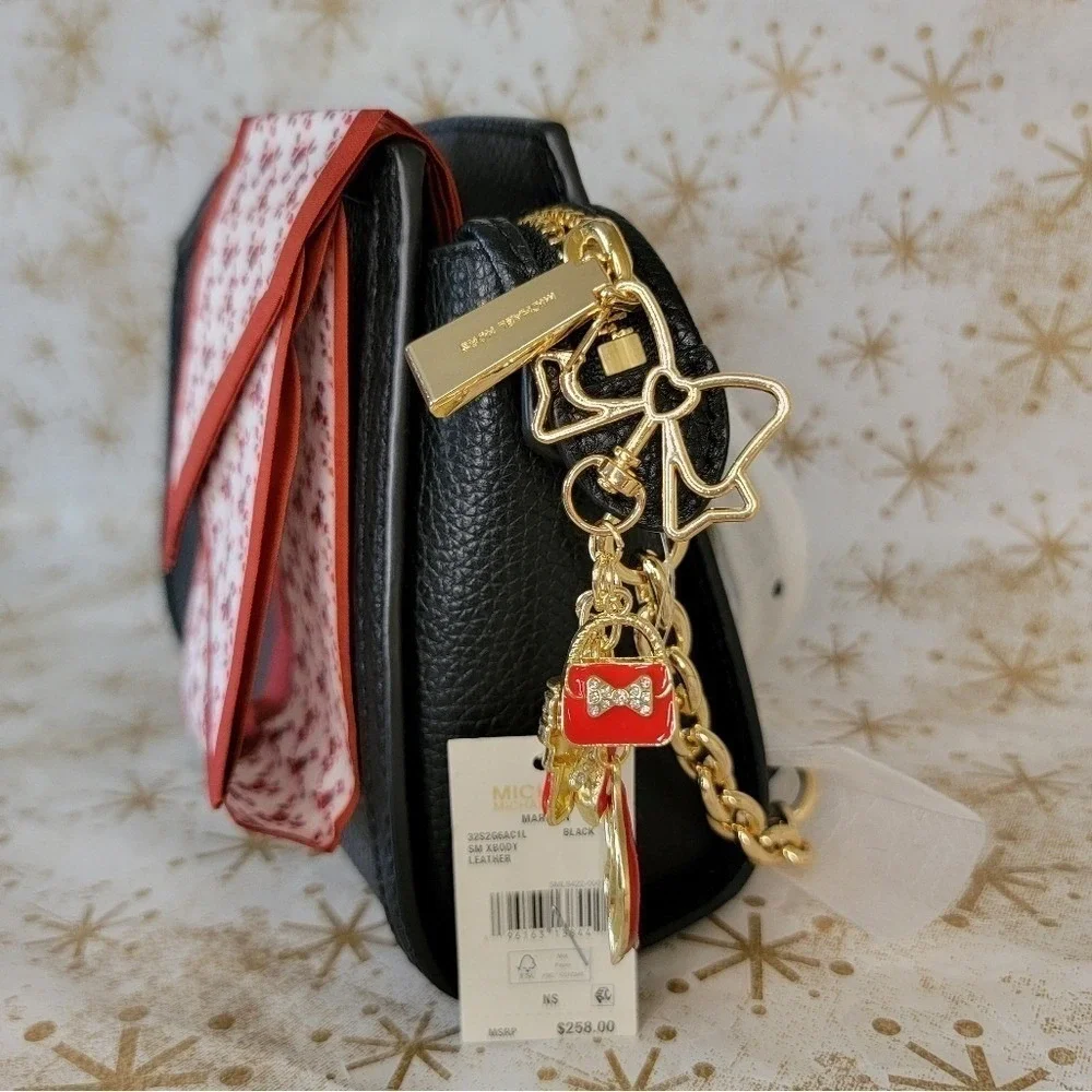 Michael Kors Crossbody Black Leather Bag Scarf and Charm‎